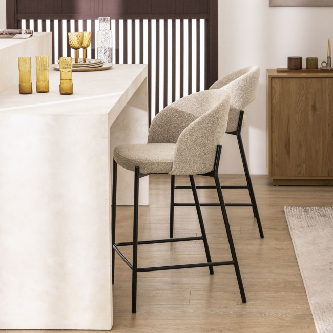 Soren - Lot de 2 chaises de bar en tissu bouclette et métal 65cm