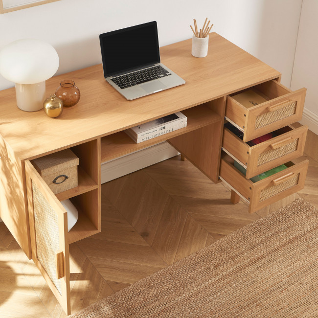 June - Bureau 1 porte 3 tiroirs en bois et cannage L135cm