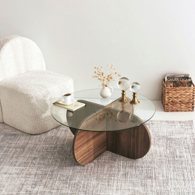 Bully - Table basse ronde en verre trempé et bois ø75cm