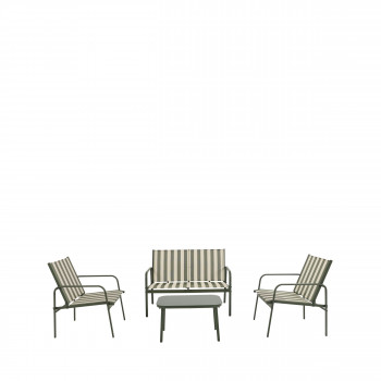 Kallia - Salon de jardin 1 canapé, 2 fauteuils, 1 table basse à rayures et métal