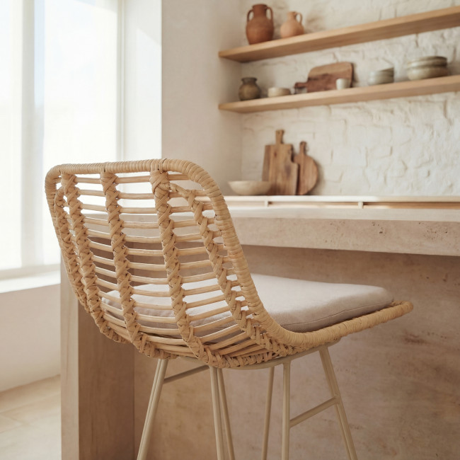 Capurgana - Lot de 2 chaises de bar design en rotin pieds beige H67cm