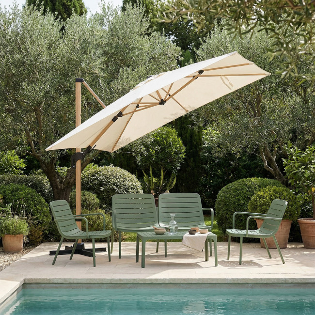 Veya - Parasol rectangulaire déporté en aluminium et effet bois 3x4m