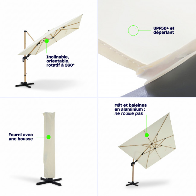 Veya - Parasol rectangulaire déporté en aluminium et effet bois 3x4m