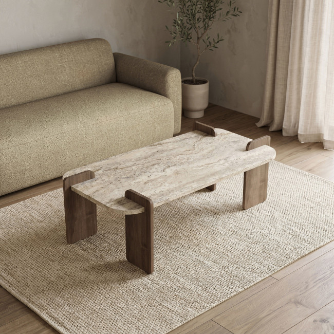 Soleni - Table basse en bois et effet travertin 120x60cm