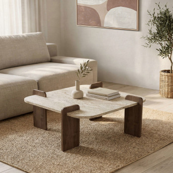 Soleni - Table basse en bois et effet marbre 90x90cm