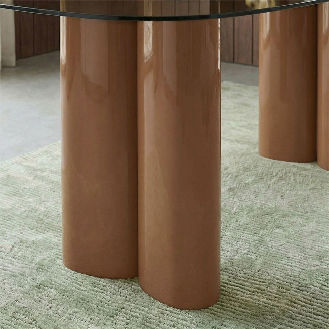 Alty - Table à manger 8 personnes en verre et pieds bois terracotta