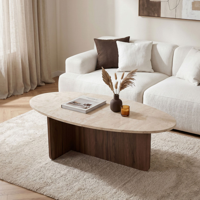 Oris - Table basse organique en bois et effet travertin 120x65cm