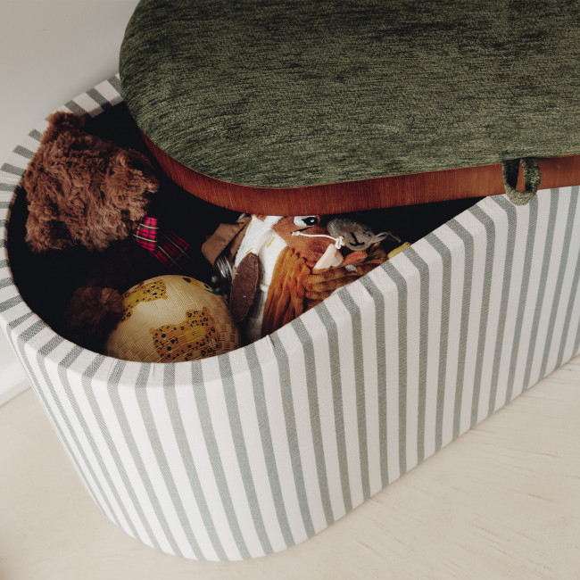 Zoé - Banc ovale en tissu avec plateau et rangement L77cm