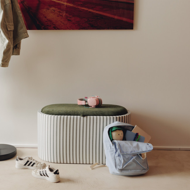 Zoé - Banc ovale en tissu avec plateau et rangement L77cm