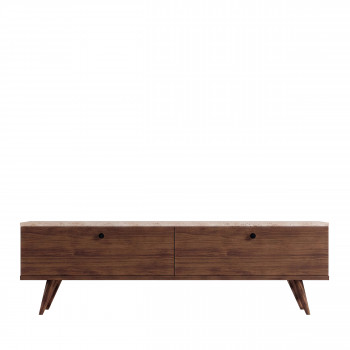 Yara - Meuble TV 2 portes plateau effet travertin et bois L140cm