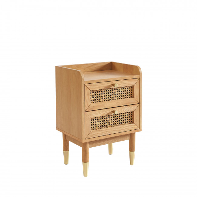 Bombong - Table de chevet 2 tiroirs en bois et cannage