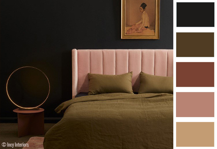 En kaki et vieux rose, une chambre aux couleurs sombres, apaisante et cocooning à souhait...
